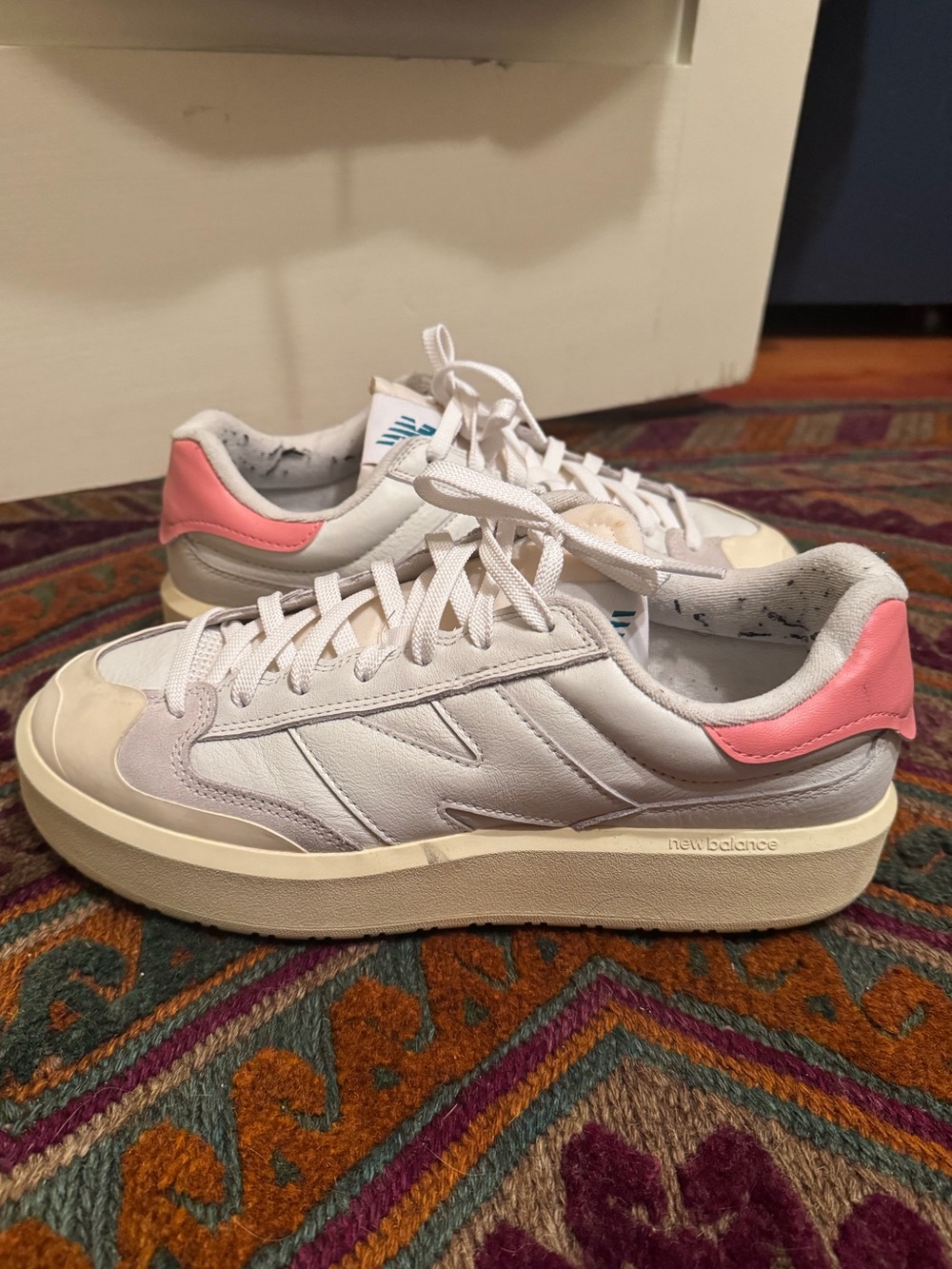 Mens White & Pink New Balance Sneakers
